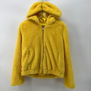 36Point5 Yellow Faux Fur Soft Hooded Zipper Jacket Size Women's Large Crop Fit